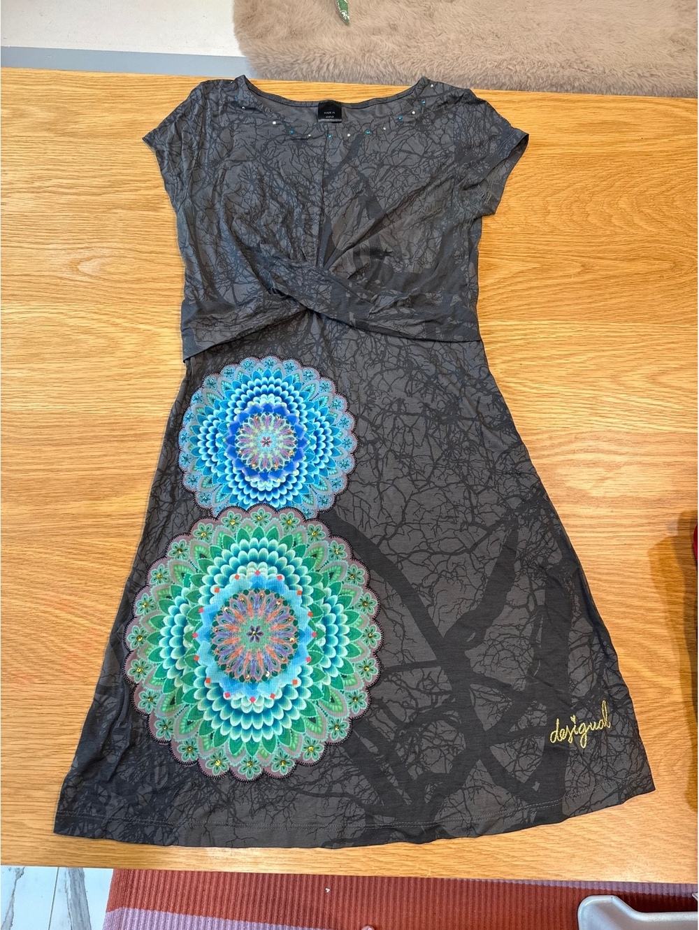 Desigual Women's Black Short Sleeve Dress with Colorful Floral Mandala Prints, S